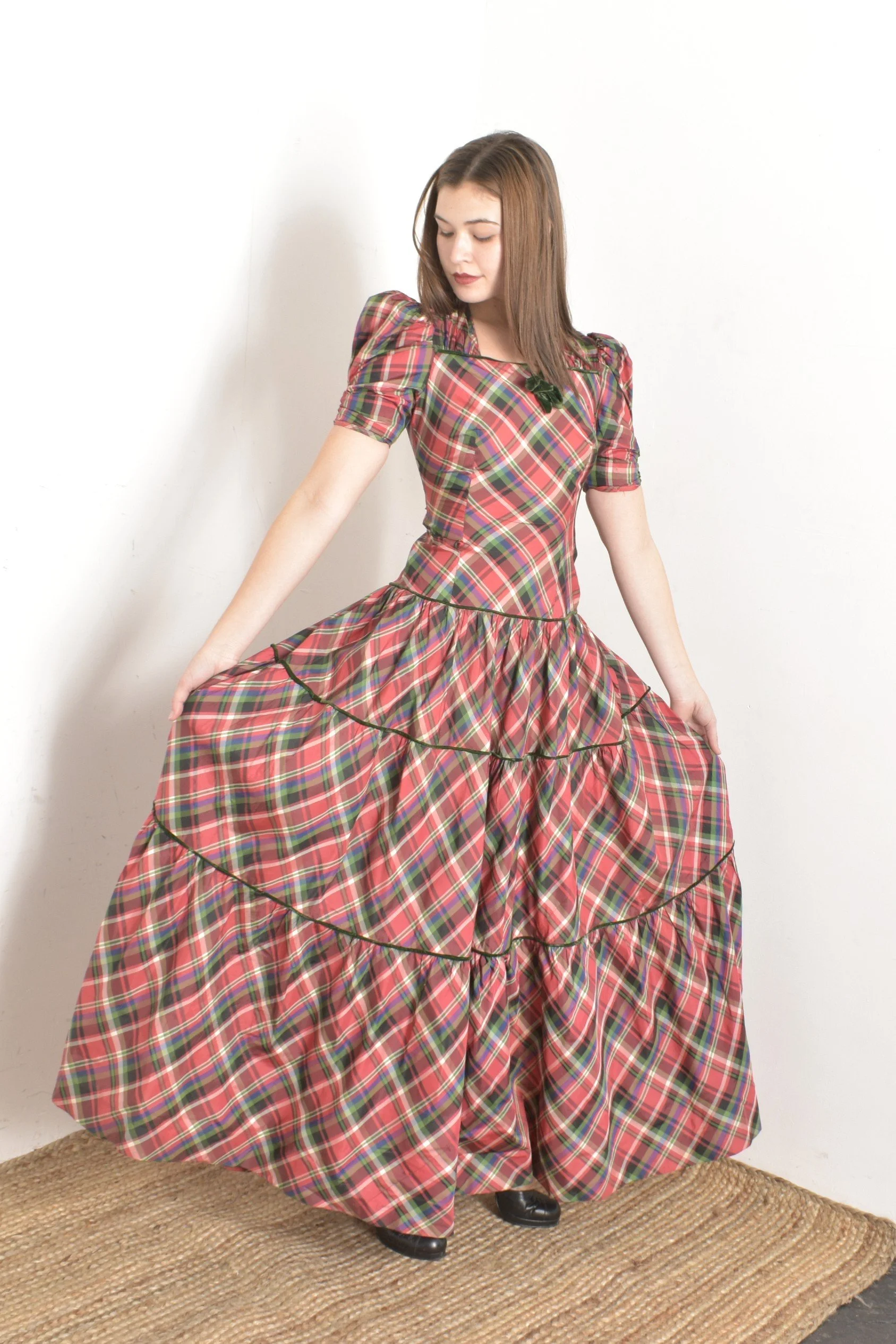 1940s Plaid Taffeta Maxi Dress-XS — La Poubelle Vintage